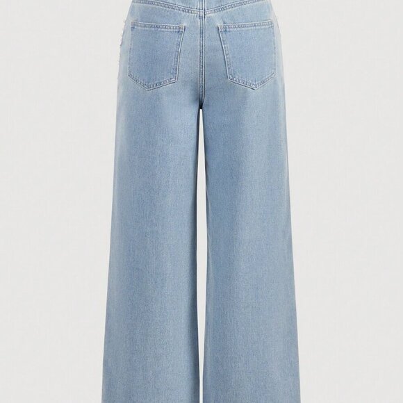 Blue Casual Women's Front Button Pocket Faux Pearl Decor Denim Jeans - Picture 2 of 4